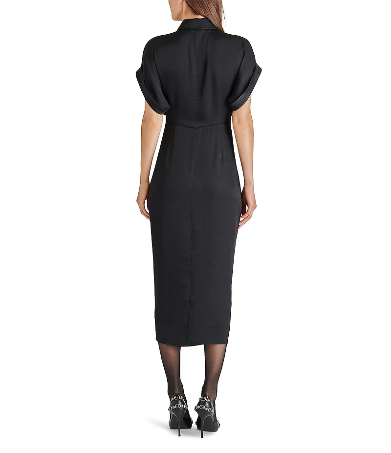 Steve Madden Tori Satin Point Collar Short Kimono Cuff Sleeve Belted Ruched Front Asymmetrical Hem Midi Shirt Dress