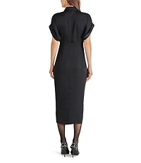 Steve Madden Tori Satin Point Collar Short Kimono Cuff Sleeve Belted Ruched Front Asymmetrical Hem Midi Shirt Dress