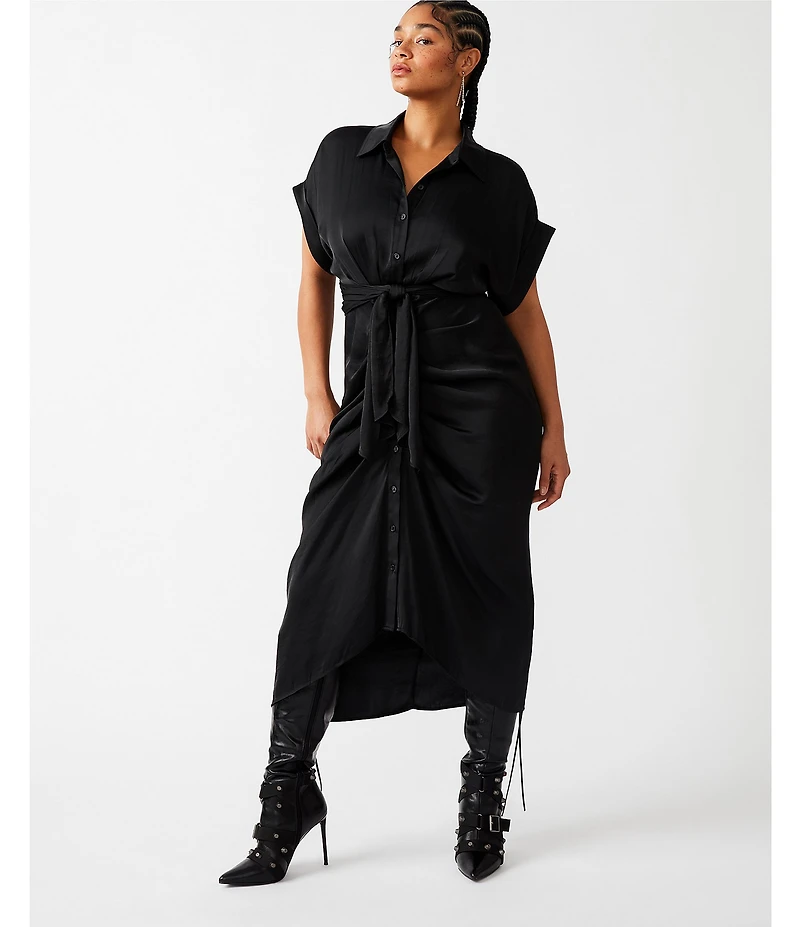 Steve Madden Tori Satin Point Collar Short Kimono Cuff Sleeve Belted Ruched Front Asymmetrical Hem Midi Shirt Dress