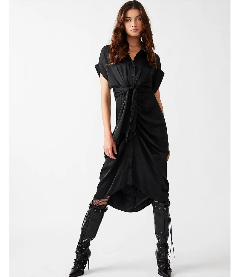 Steve Madden Tori Satin Point Collar Short Kimono Cuff Sleeve Belted Ruched Front Asymmetrical Hem Midi Shirt Dress
