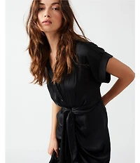 Steve Madden Tori Satin Point Collar Short Kimono Cuff Sleeve Belted Ruched Front Asymmetrical Hem Midi Shirt Dress