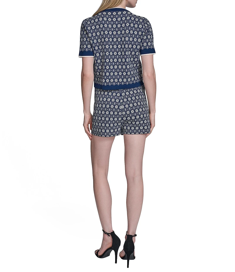 BCBG 2 Piece Medallion Print Knit Button Front Top Micro Short Set