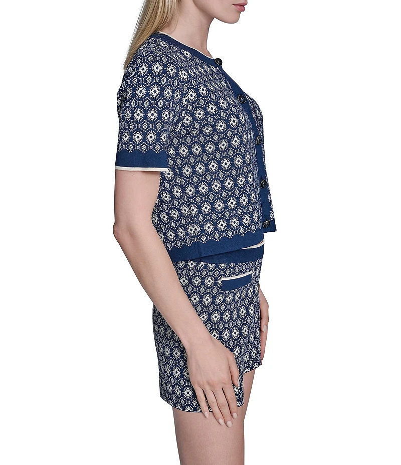 BCBG 2 Piece Medallion Print Knit Button Front Top Micro Short Set