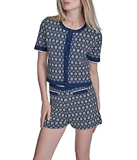 BCBG 2 Piece Medallion Print Knit Button Front Top Micro Short Set