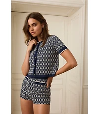 BCBG 2 Piece Medallion Print Knit Button Front Top Micro Short Set