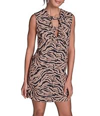 BCBG Animal Print Bow V-Neck Sleeveless Shift Dress