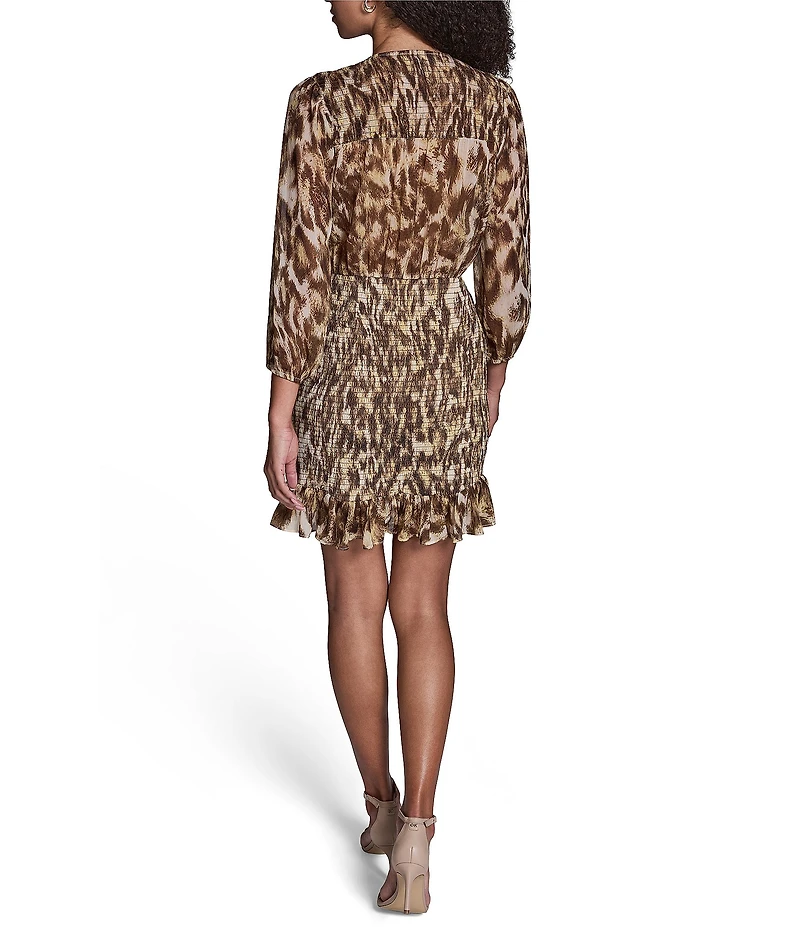 BCBG Chiffon Animal Print Long Sleeve V-Neck Shirred Elastic A-Line Mini Dress
