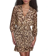 BCBG Chiffon Animal Print Long Sleeve V-Neck Shirred Elastic A-Line Mini Dress
