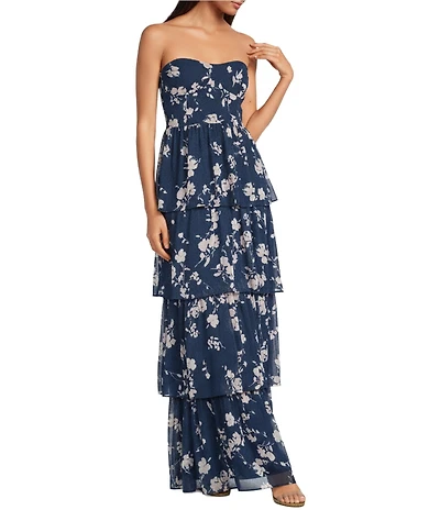 BCBG Chiffon Floral Print Strapless Tiered A-Line Maxi Dress