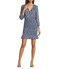 BCBG Chiffon Floral Print V-Neck Long Sleeve Smocked Mini Dress