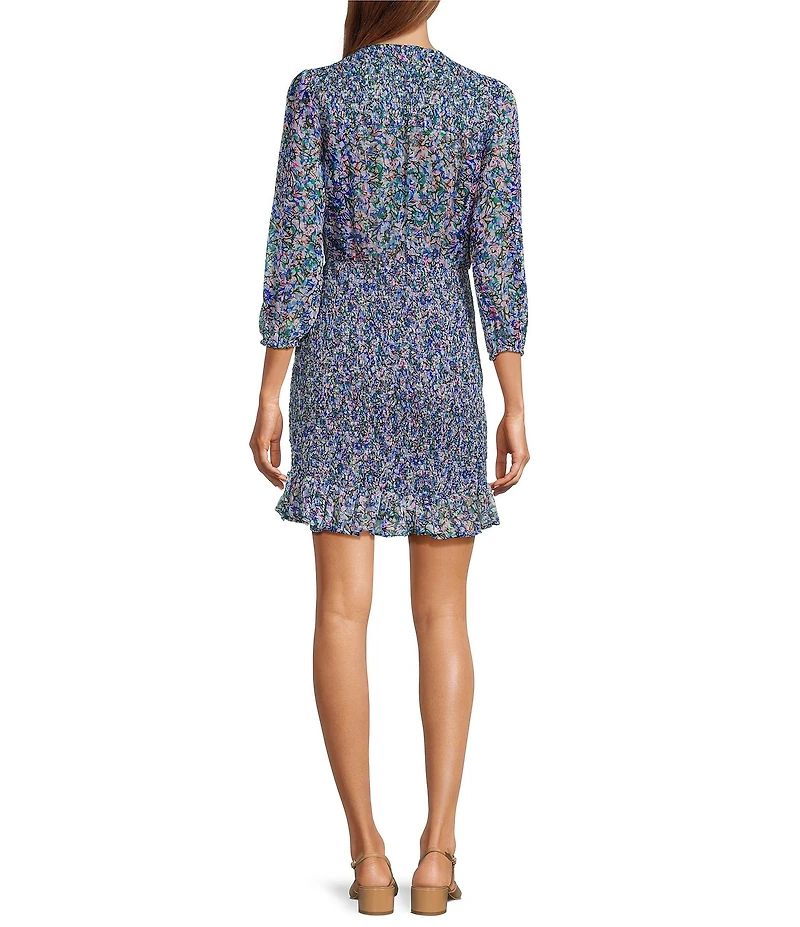 BCBG Chiffon Floral Print V-Neck Long Sleeve Smocked Mini Dress