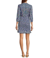 BCBG Chiffon Floral Print V-Neck Long Sleeve Smocked Mini Dress