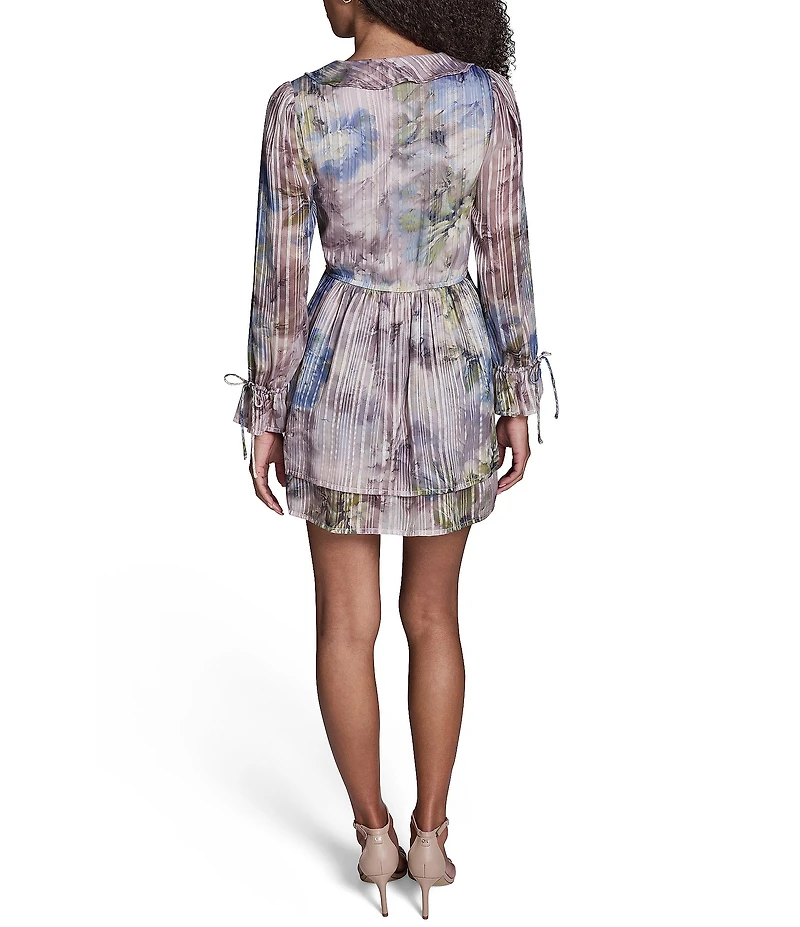 BCBG Chiffon Long Sleeve Ruffle Fit & Flare V-Neck Mini Dress