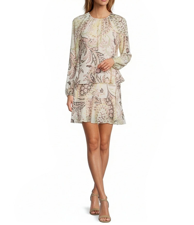 BCBG Chiffon Printed Long Sleeve Shift Mini Dress