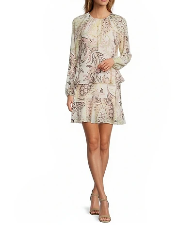 BCBG Chiffon Printed Long Sleeve Shift Mini Dress