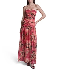 BCBG Chiffon Strapless Ruched Floral Printed Drop Waist Maxi Dress