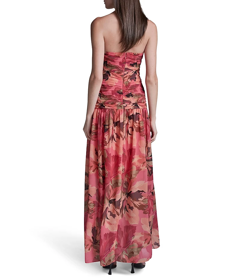 BCBG Chiffon Strapless Ruched Floral Printed Drop Waist Maxi Dress