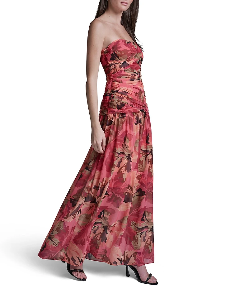 BCBG Chiffon Strapless Ruched Floral Printed Drop Waist Maxi Dress