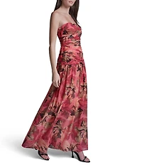 BCBG Chiffon Strapless Ruched Floral Printed Drop Waist Maxi Dress