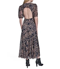 BCBG Chiffon V-Neck Short Puff Sleeve Printed Maxi A-Line Dress