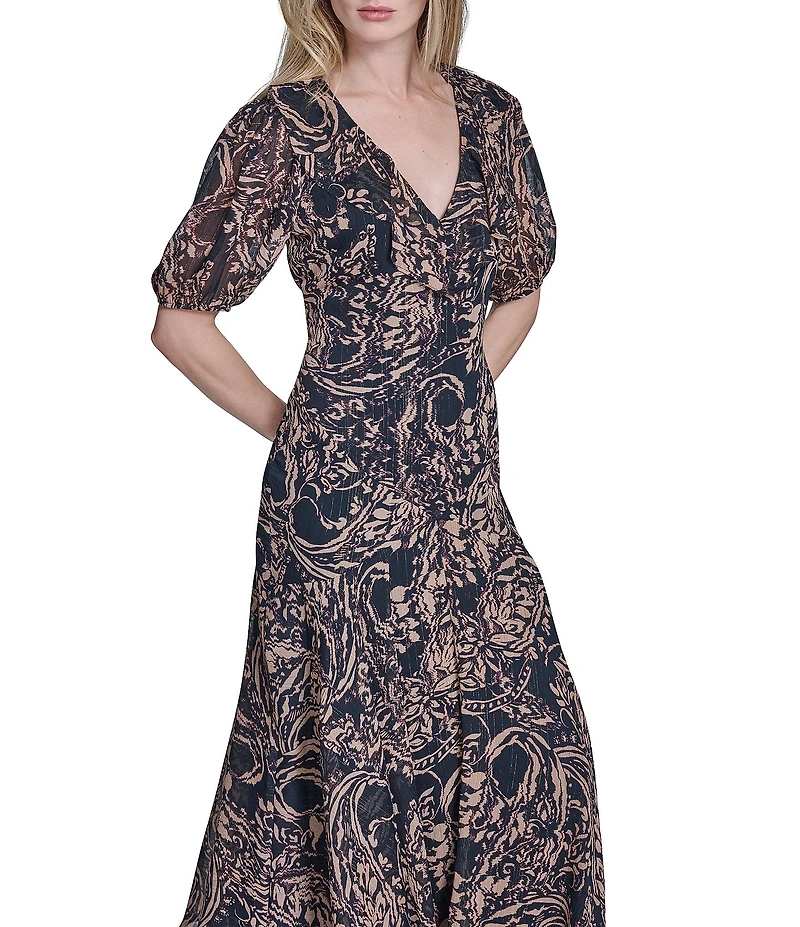 BCBG Chiffon V-Neck Short Puff Sleeve Printed Maxi A-Line Dress