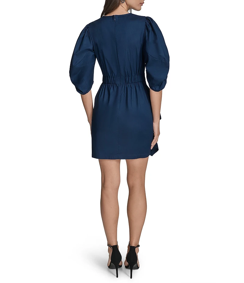 BCBG Cotton Sateen Crew Neck Puff Sleeve Side Ruffle Mini Sheath Dress