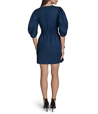 BCBG Cotton Sateen Crew Neck Puff Sleeve Side Ruffle Mini Sheath Dress