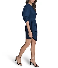 BCBG Cotton Sateen Crew Neck Puff Sleeve Side Ruffle Mini Sheath Dress