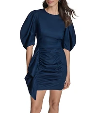 BCBG Cotton Sateen Crew Neck Puff Sleeve Side Ruffle Mini Sheath Dress