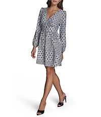 BCBG Crepe Long Sleeve V-Neck Printed A-Line Mini Dress