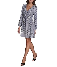 BCBG Crepe Long Sleeve V-Neck Printed A-Line Mini Dress