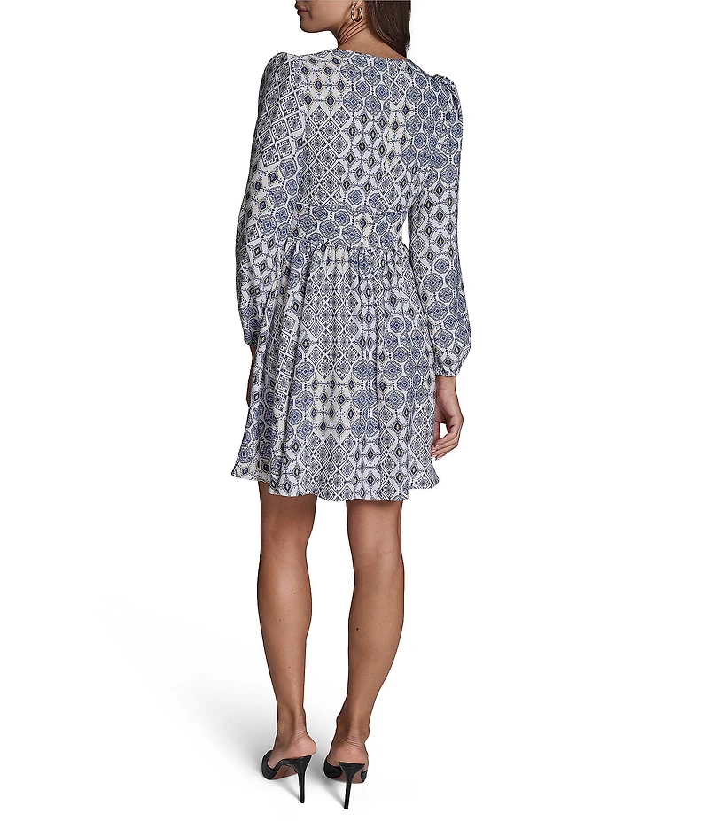 BCBG Crepe Long Sleeve V-Neck Printed A-Line Mini Dress