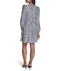 BCBG Crepe Long Sleeve V-Neck Printed A-Line Mini Dress