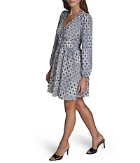 BCBG Crepe Long Sleeve V-Neck Printed A-Line Mini Dress