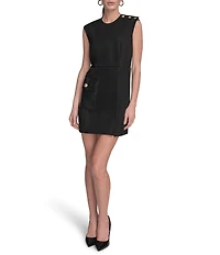 BCBG Crew Neck Sleeveless Button Shoulder Faux Leather Flap Side Pocket Faux Suede Sheath Dress