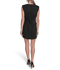 BCBG Crew Neck Sleeveless Button Shoulder Faux Leather Flap Side Pocket Faux Suede Sheath Dress
