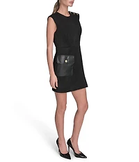 BCBG Crew Neck Sleeveless Button Shoulder Faux Leather Flap Side Pocket Faux Suede Sheath Dress