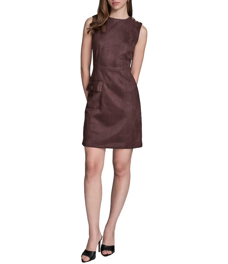BCBG Crew Neck Sleeveless Button Shoulder Faux Leather Flap Side Pocket Faux Suede Sheath Dress