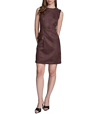 BCBG Crew Neck Sleeveless Button Shoulder Faux Leather Flap Side Pocket Faux Suede Sheath Dress