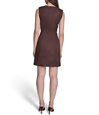 BCBG Crew Neck Sleeveless Button Shoulder Faux Leather Flap Side Pocket Faux Suede Sheath Dress
