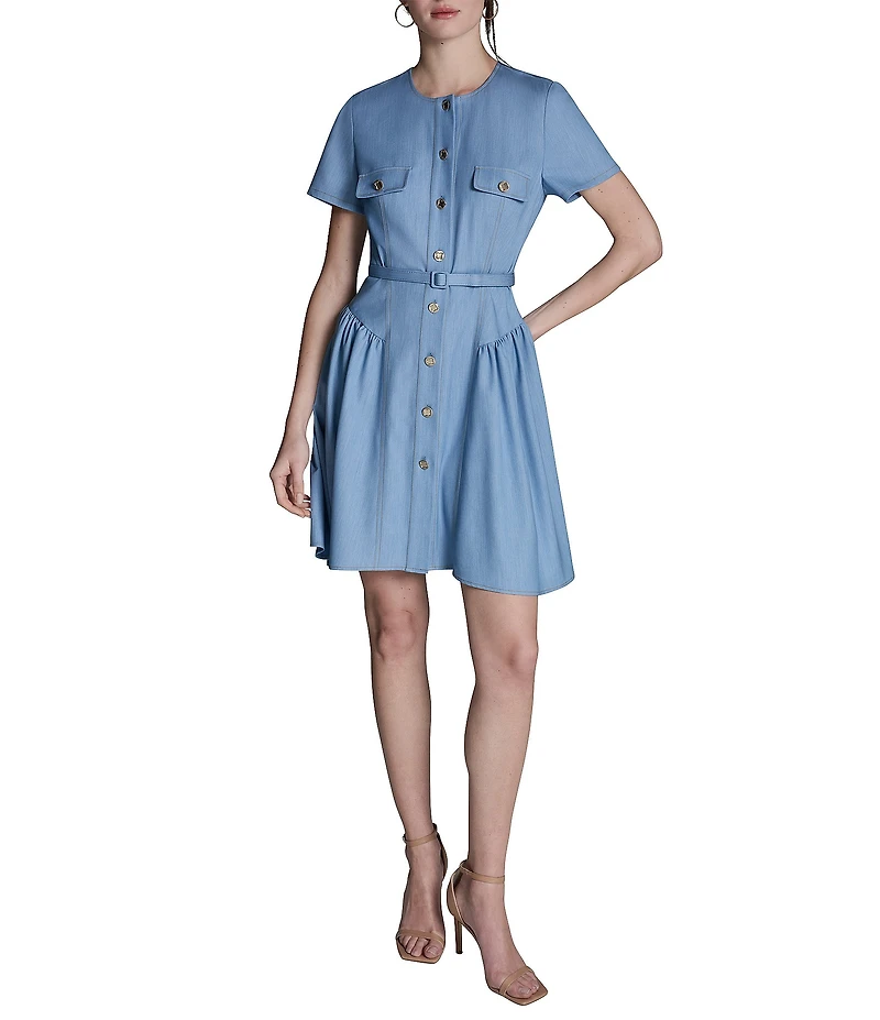 BCBG Denim Crew Neck Short Sleeve Button Front Pleated Hip Belted Mini Shirt Dress