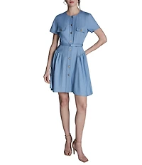BCBG Denim Crew Neck Short Sleeve Button Front Pleated Hip Belted Mini Shirt Dress