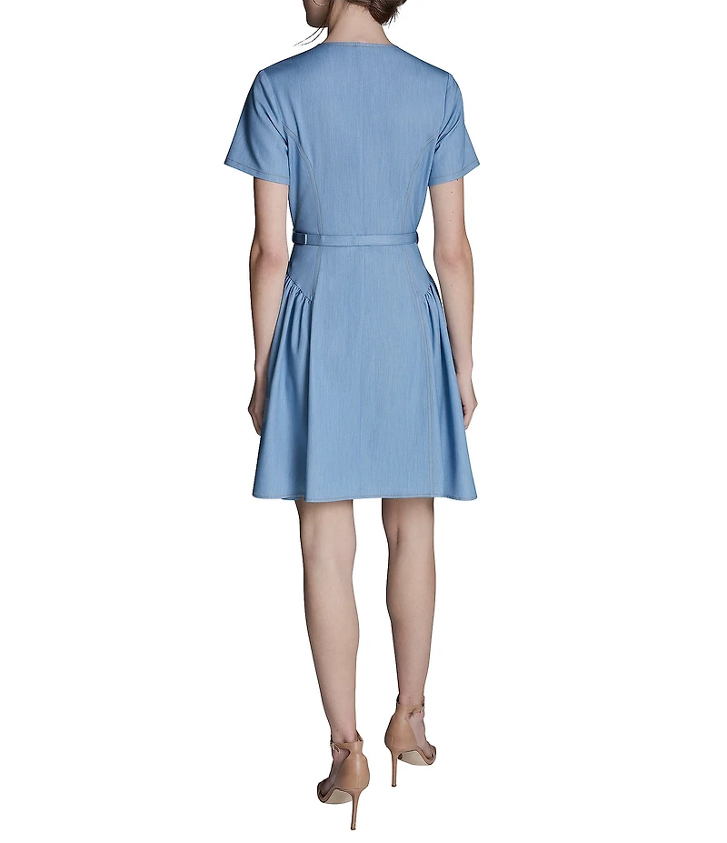 BCBG Denim Crew Neck Short Sleeve Button Front Pleated Hip Belted Mini Shirt Dress