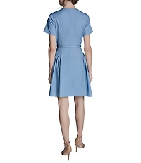 BCBG Denim Crew Neck Short Sleeve Button Front Pleated Hip Belted Mini Shirt Dress