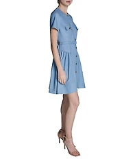 BCBG Denim Crew Neck Short Sleeve Button Front Pleated Hip Belted Mini Shirt Dress