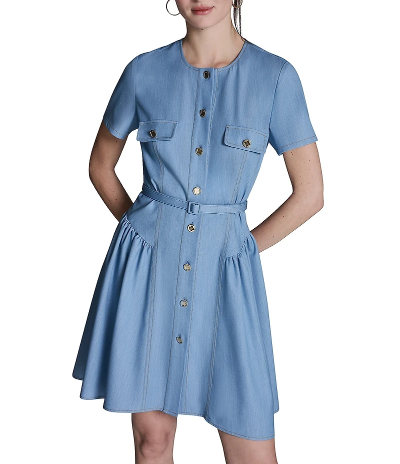 BCBG Denim Crew Neck Short Sleeve Button Front Pleated Hip Belted Mini Shirt Dress