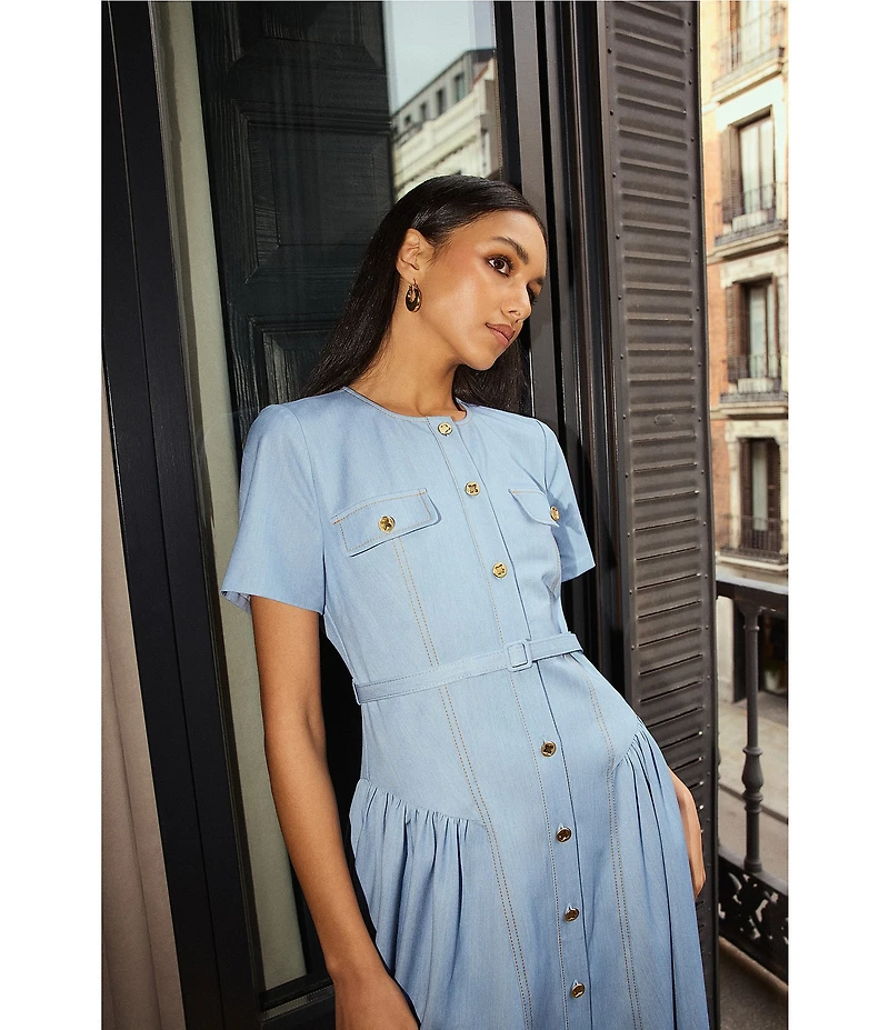 BCBG Denim Crew Neck Short Sleeve Button Front Pleated Hip Belted Mini Shirt Dress