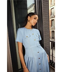 BCBG Denim Crew Neck Short Sleeve Button Front Pleated Hip Belted Mini Shirt Dress