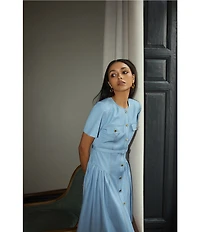 BCBG Denim Crew Neck Short Sleeve Button Front Pleated Hip Belted Mini Shirt Dress