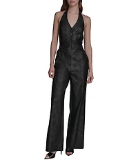 BCBG Faux Snakeskin Foil Halter V-Neck Button Front Two Piece Jumpsuit
